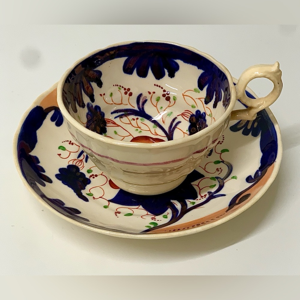 19th Century Antique Gaudy Welsh Grape & Lily Pattern Teacup and Saucer Set